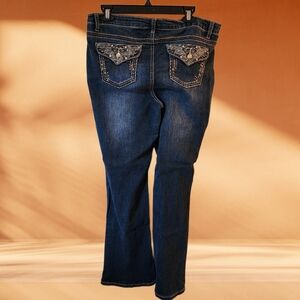 Earl Slim-Boot Womens Blue Denim Embroidered Rhinestone Jeans (Size 12)